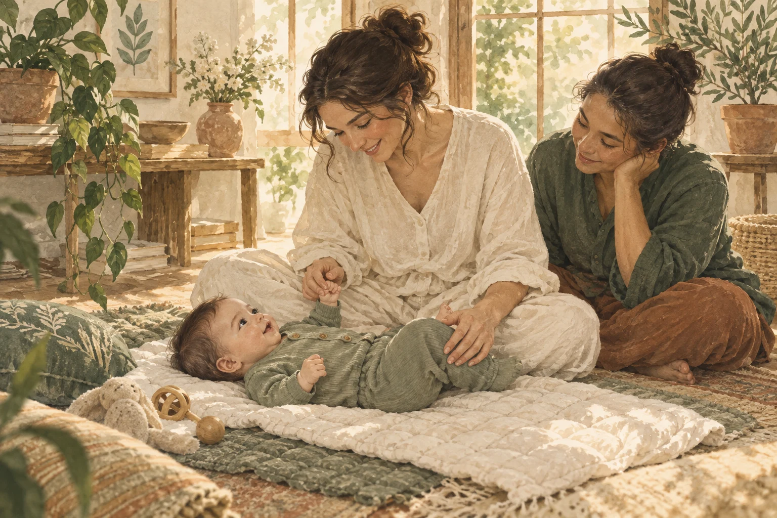 Illustration of parents sharing a gentle moment of touch with their baby at home
